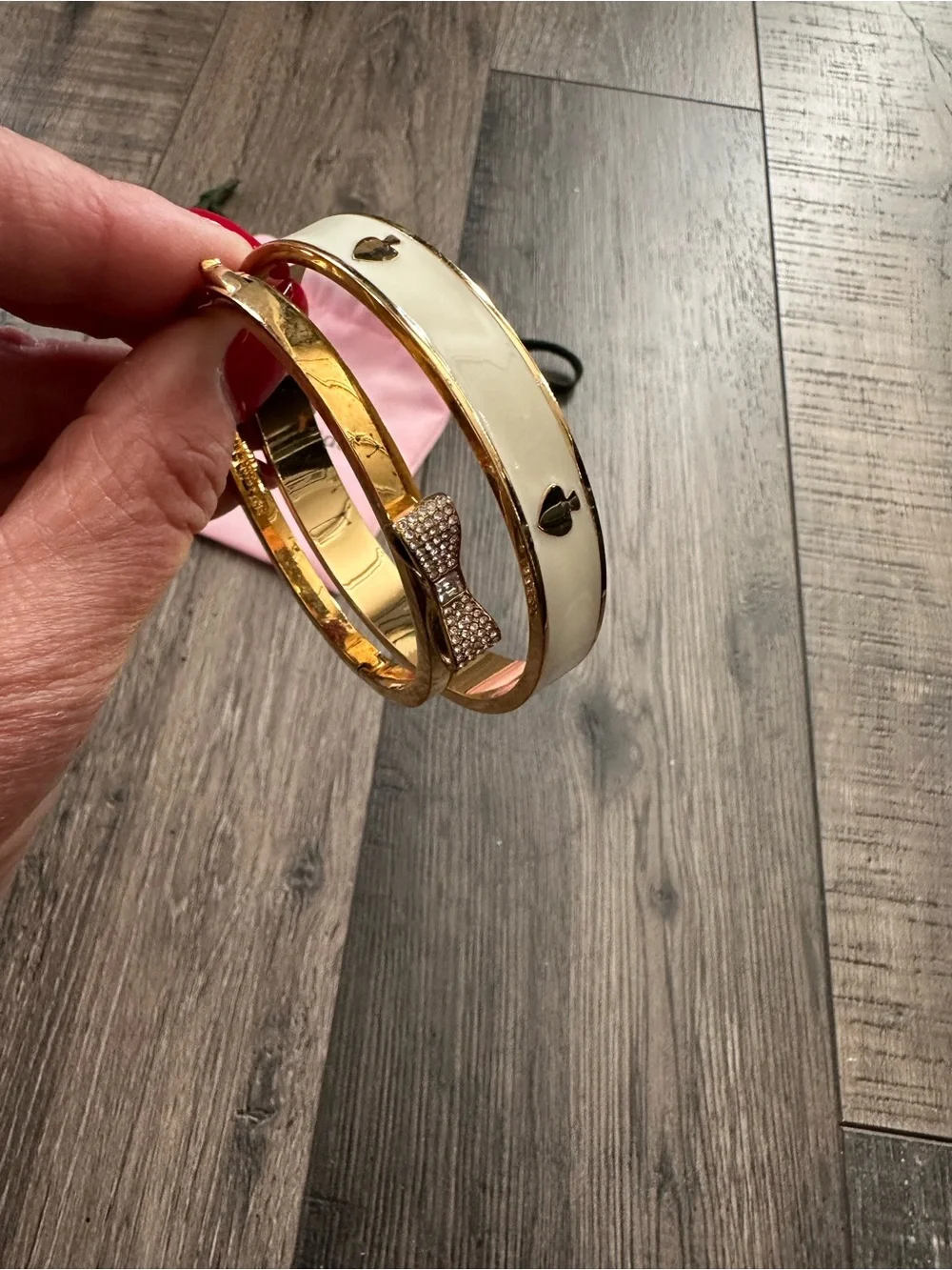 Kate Spade White & Gold Bangle Set of 2 - Hinged Bow And Ivory Enamel Spade Logo